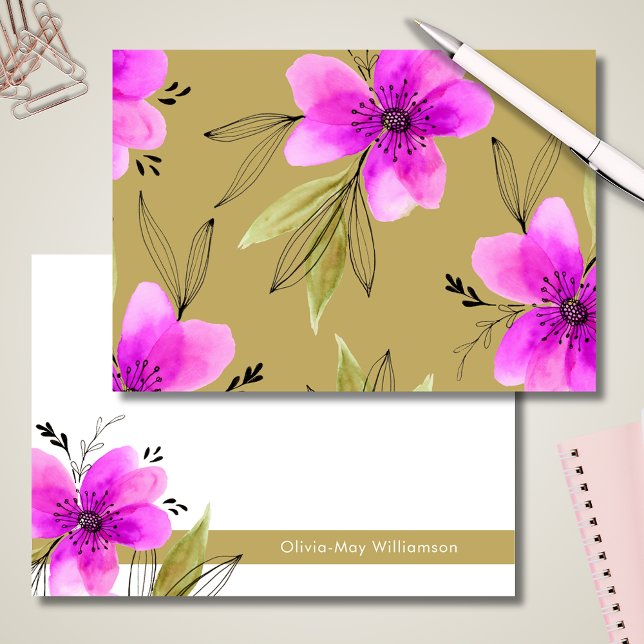 Tarjeta Pequeña Estacionamiento personalizado de acuarela floral r (Pink floral watercolor notecards with personalized name )