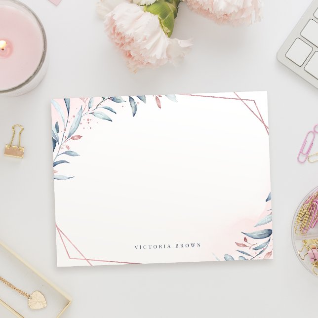 Tarjeta Pequeña Estacionamiento personalizado de la vegetación azu (Rose Gold Blue Greenery Personalized Stationery Note Card)