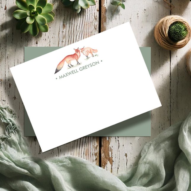 Tarjeta Pequeña Estacionamiento personalizado de Red Fox pequeño (Custom notecards feature watercolor foxes by Victoria Grigaliunas Do Tell A Belle)