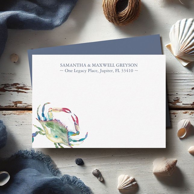 Tarjeta Pequeña Estacionamiento personalizado del cangrejo azul (Watercolor blue crab personalized notecards unique art by Victoria Grigaliunas of Do Tell A Belle)