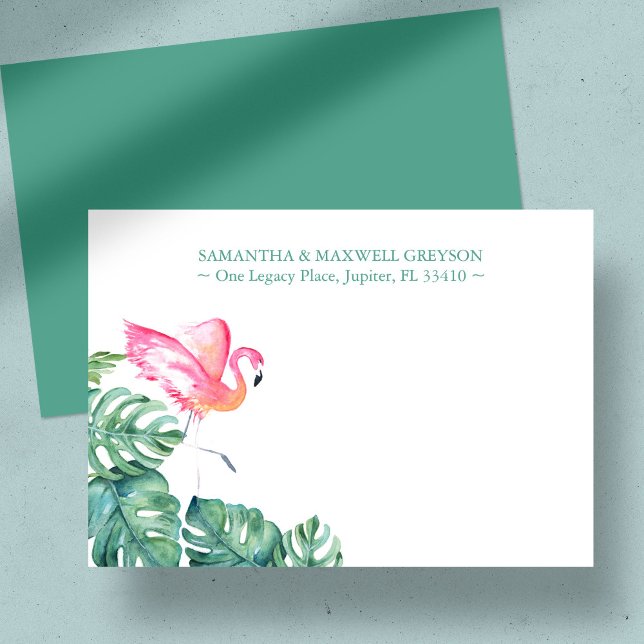 Tarjeta Pequeña Estacionamiento personalizado del flamenco rosado  (Custom note cards tropical watercolor pink flamingo and palm leaves art by Victoria Grigaliunas)