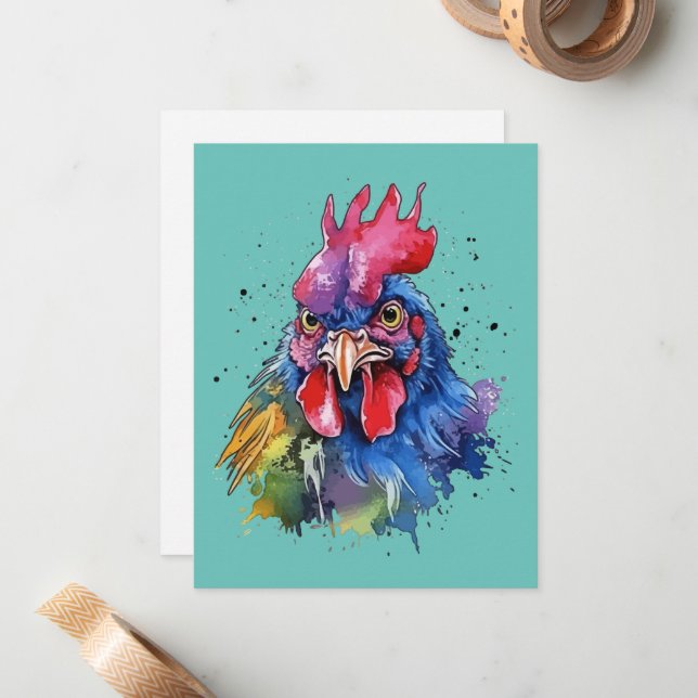 Tarjeta Pequeña Estilo de acuarela de pollo de gallo de campo (Anverso/Reverso In Situ)