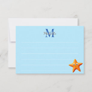 Tarjeta Pequeña Estrella de mar de dibujos animados lindos monogra