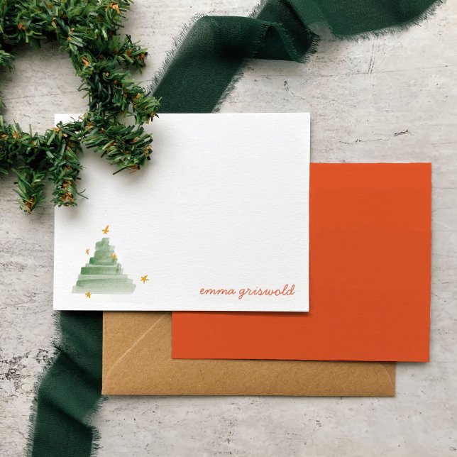 Tarjeta Pequeña Estrellas de agua de Navidad (Watercolor Christmas tree personalized note cards set.)