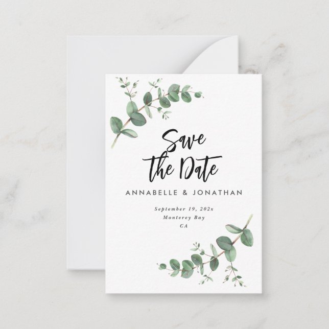 Tarjeta Pequeña Eucalyptus elegante boda moderna, salva la fecha (Anverso)