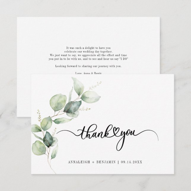 Tarjeta Pequeña Eucalyptus Hand-Lettered Boda Gracias (Anverso / Reverso)