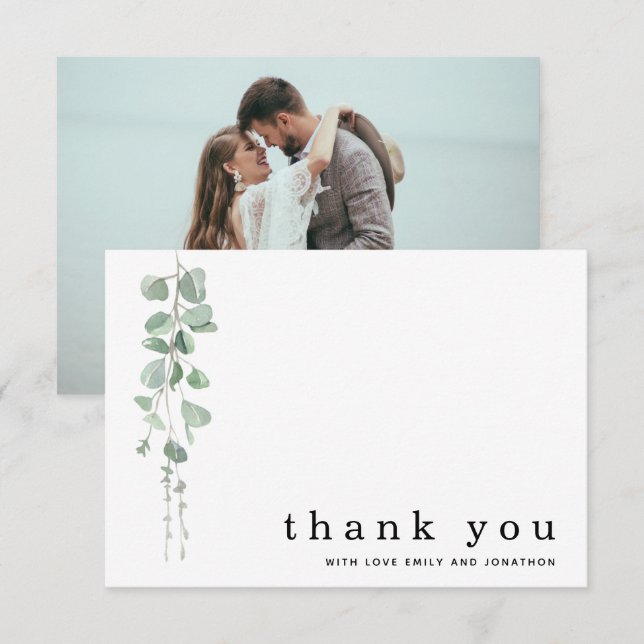 Tarjeta Pequeña Eucalyptus Sage Photo Names Boda Gracias (Anverso / Reverso)