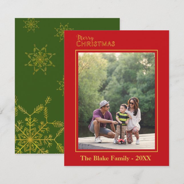 Tarjeta Pequeña Familia Red Green Gold Foto Feliz Navidad (Anverso / Reverso)