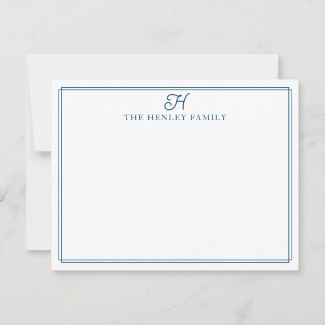 Tarjeta Pequeña Family Initial Blue Border Monogram Stationery (Anverso)