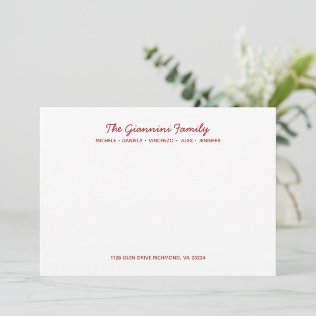 Tarjeta Pequeña FAMILY NOTECARDS Cursive Name Address RED (Anverso de pie)