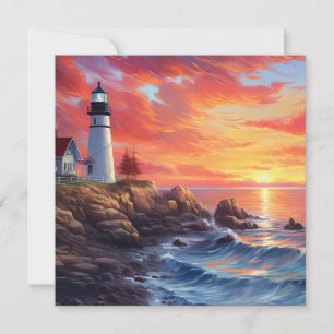 Tarjeta Pequeña Faro costero en el diseño del atardecer
