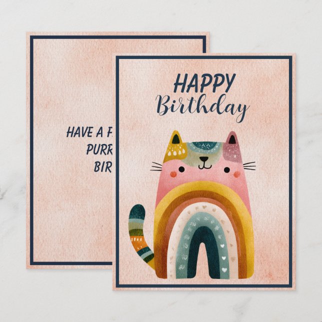 Tarjeta Pequeña Fat Abstract Cat Happy Birthday Flat Note Card (Anverso / Reverso)