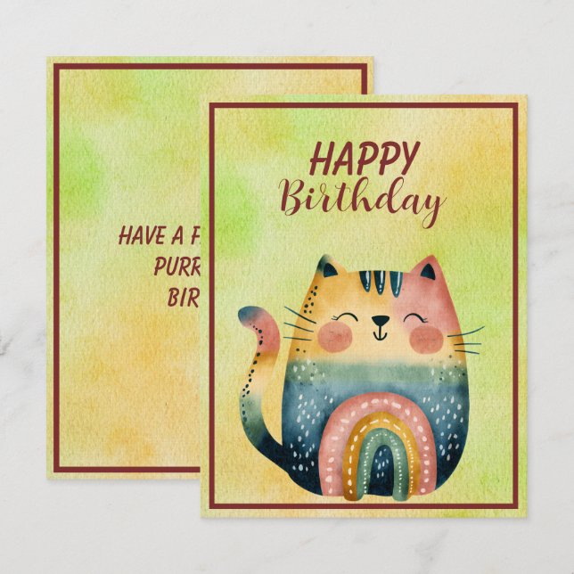 Tarjeta Pequeña Fat Abstract Cat Happy Birthday Flat Note Card (Anverso / Reverso)