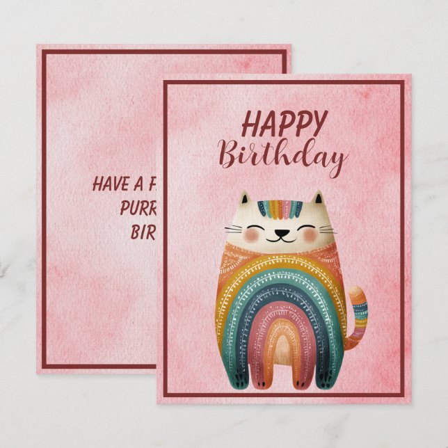 Tarjeta Pequeña Fat Abstract Cat Happy Birthday Flat Note Card (Anverso / Reverso)