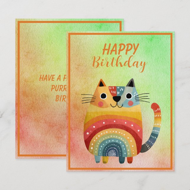 Tarjeta Pequeña Fat Abstract Cat Happy Birthday Flat Note Card (Anverso / Reverso)