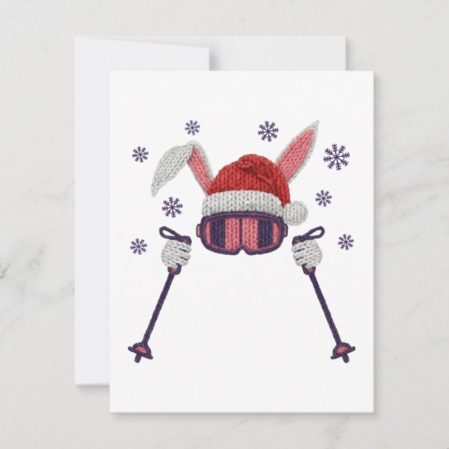 Tarjeta Pequeña Faux yarn skiing rabbit with Santa hat winter humo (Anverso)