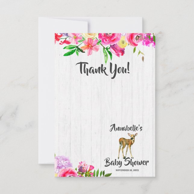 Tarjeta Pequeña Fawn Watercolor Floral Baby Shower Gracias (Anverso)