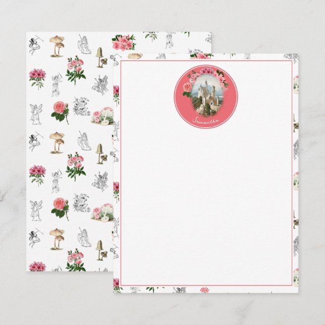 Tarjeta Pequeña Fe Hadas Castillo de Honor Floral Rosa Monograma (Anverso / Reverso)