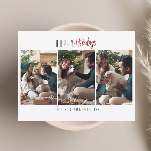 Tarjeta Pequeña Felices Fiestas 3 Fotos de Familia Felicitaciones  (Happy Holidays 3 Family Photos Christmas Greetings Note Card)