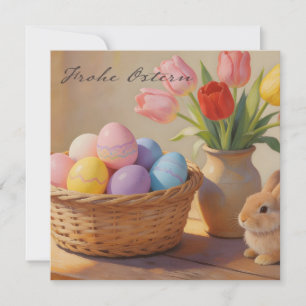 Tarjeta Pequeña Felices Pascuas con huevos de colores y tulipanes
