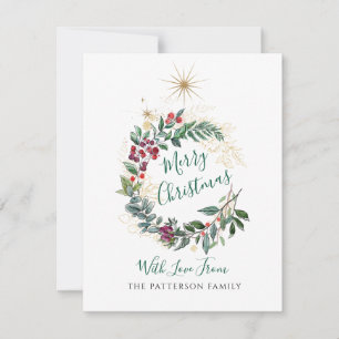 Tarjeta Pequeña Feliciz Navidad Acuarela Corona de Acebo y Bayas 