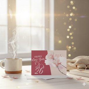 Tarjeta Pequeña Feliz Año Nuevo 2026 Diseño Floral Elegante Magnol