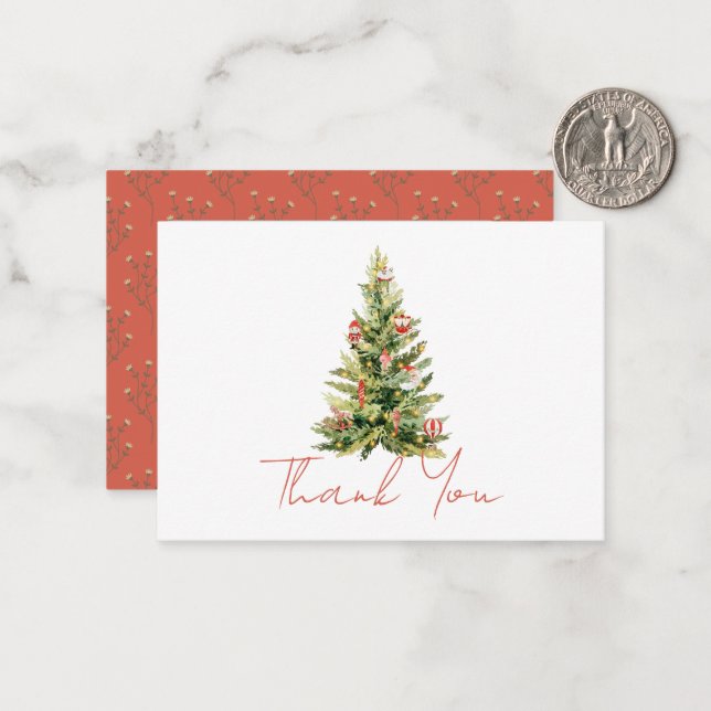 Tarjeta Pequeña Feliz Árbol de Navidad Rojo Gracias (Anverso/Reverso In Situ)