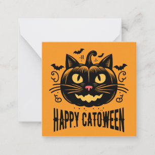 Tarjeta Pequeña Feliz Catoween Gato Negro Cara de Calabaza Hallowe