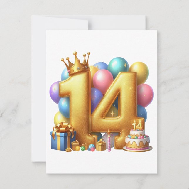 Tarjeta Pequeña Feliz cumpleaños 14 dorado (Anverso)