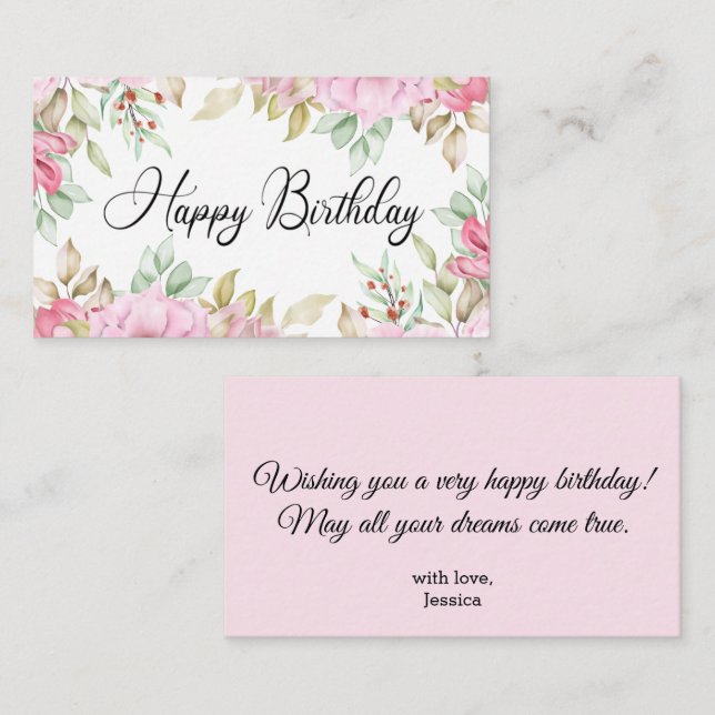 Tarjeta Pequeña feliz cumpleaños acuarela floral rosa clásico (Anverso / Reverso)