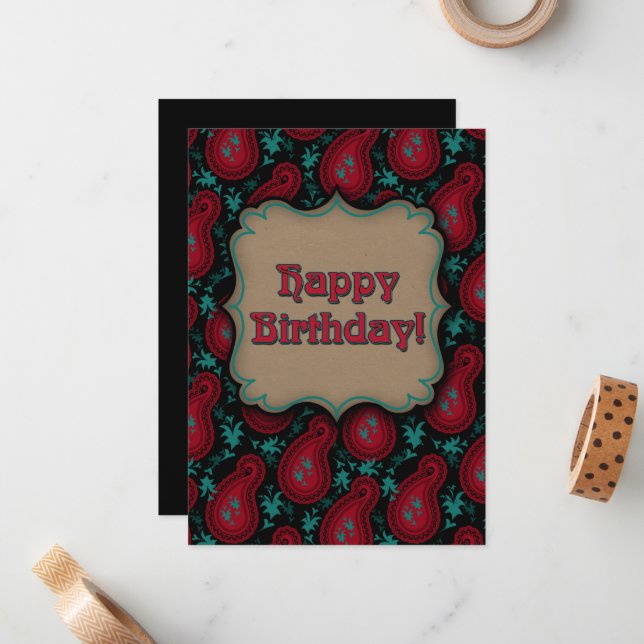 Tarjeta Pequeña Feliz cumpleaños Burgundy Red Paisley (Anverso/Reverso In Situ)