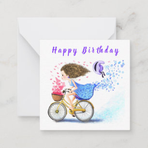 Tarjeta Pequeña Feliz Cumpleaños - Feliz Chica Joven En Bicicleta