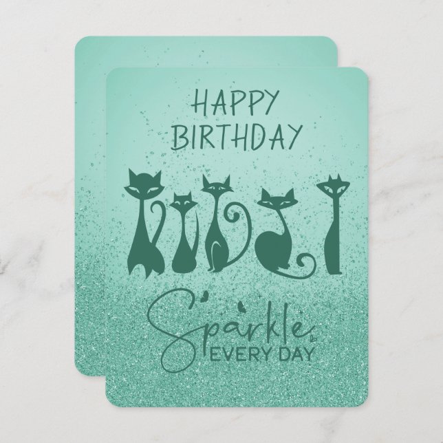 Tarjeta Pequeña Feliz cumpleaños, gato alto, Verde azuladas espárr (Anverso / Reverso)