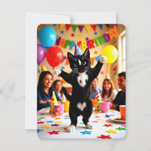 Tarjeta Pequeña Feliz Cumpleaños Gato Bailarín de Fiesta