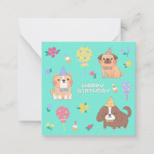 Tarjeta Pequeña Feliz cumpleaños: perros, globos y flores