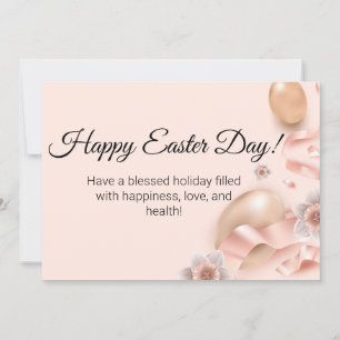 Tarjeta Pequeña feliz día de Pascua huevos dorados fondo rosa