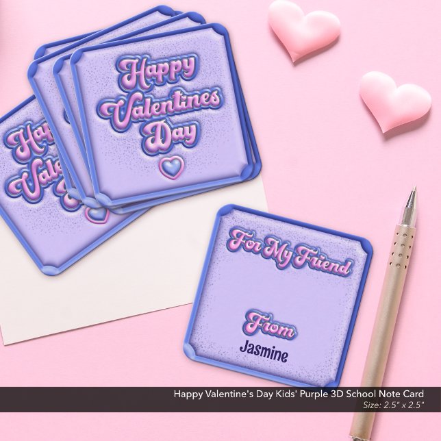 Tarjeta Pequeña Feliz Día de San Valentín al colegio morado 3D de  (Happy Valentine's Day Kids' School Card: Purple and Pink 3D, Puffy Design.)