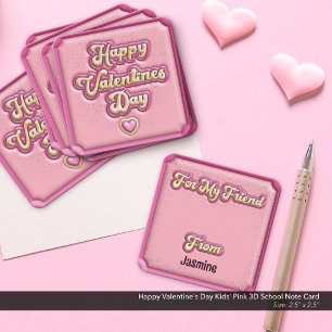 Tarjeta Pequeña Feliz Día de San Valentín al colegio rosado 3D de