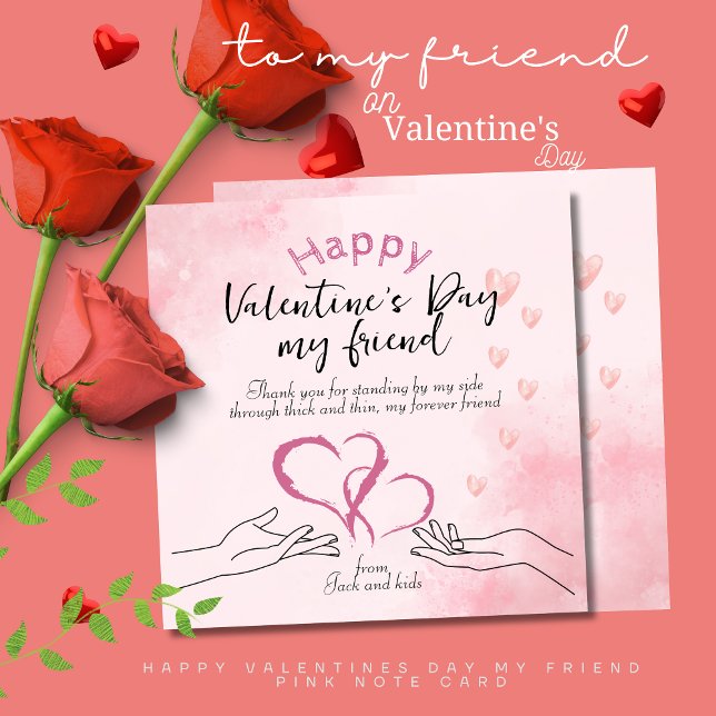Tarjeta Pequeña Feliz Día de San Valentín mi amigo rosa (Happy Valentines Day my Friend pink Note Card)