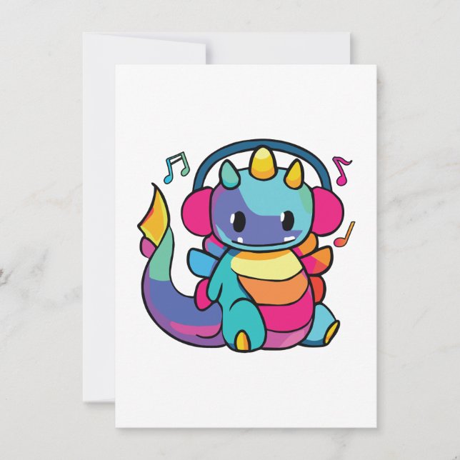 Tarjeta Pequeña Feliz dragón con auriculares escuchando música. (Anverso)