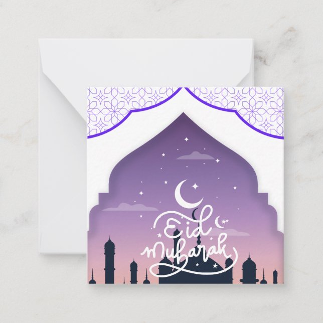 Tarjeta Pequeña Feliz Eid Mubarak Saludo Púrpura (Anverso)
