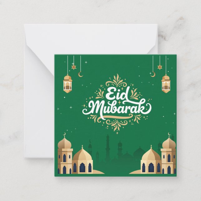 Tarjeta Pequeña Feliz Eid Mubarak Saludo Verde (Anverso)