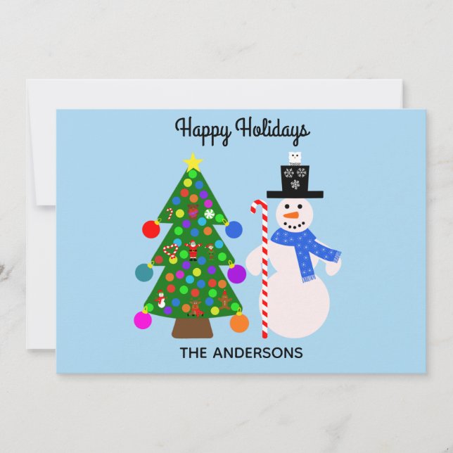 Tarjeta Pequeña Feliz feriado Snowman y el árbol de Navidad #3 Car (Anverso)