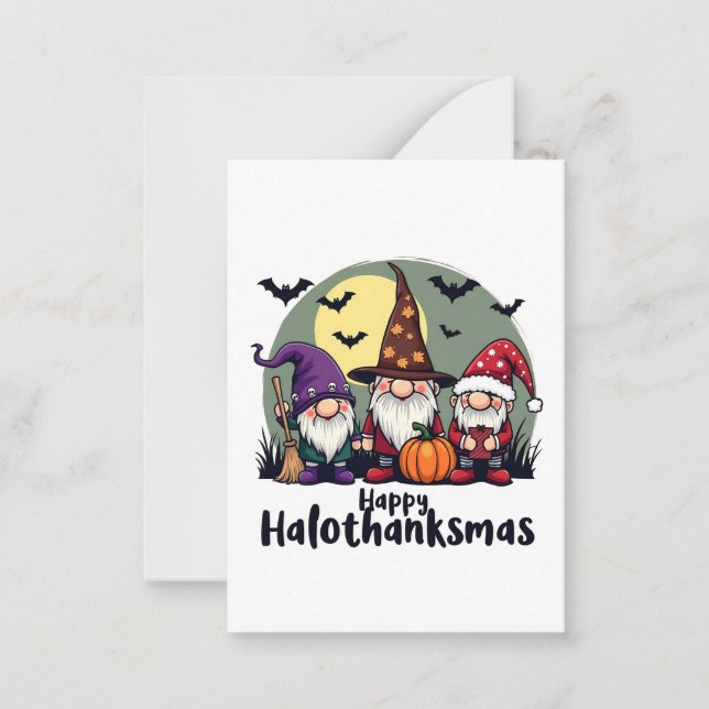 Tarjeta Pequeña Feliz Hallothanksmas Navidad Halloween Gnomos  (Anverso)