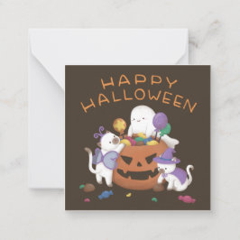 Tarjeta Pequeña Feliz Halloween: gatos y fantasma
