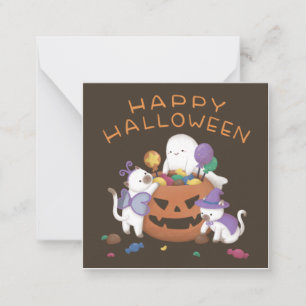 Tarjeta Pequeña Feliz Halloween: gatos y fantasma