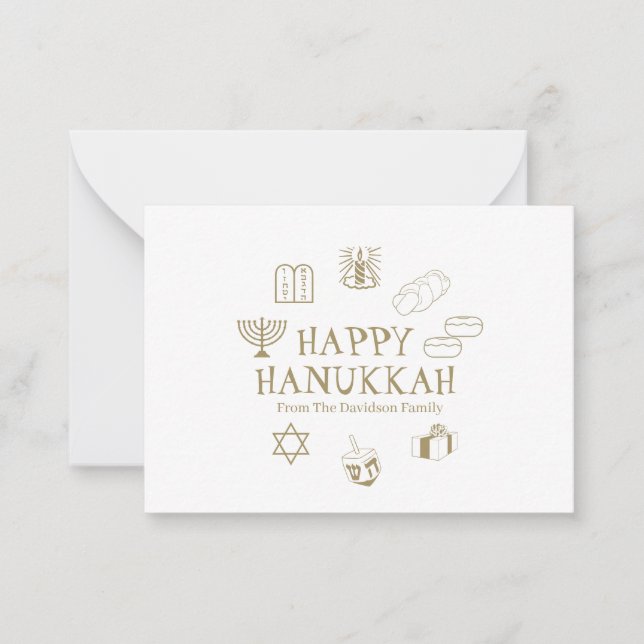 Tarjeta Pequeña Feliz Hanukkah nombre de costumbre blanco dorado (Anverso)
