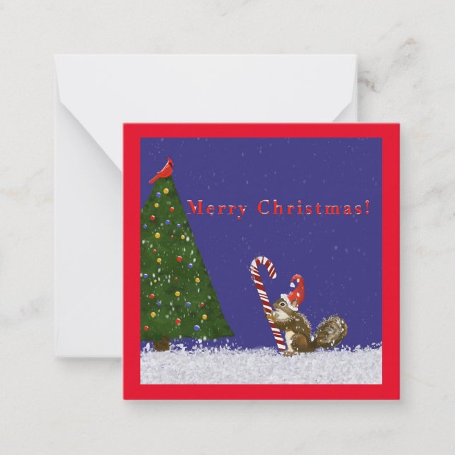 Tarjeta Pequeña Feliz Navidad! ardilla, cardenal, árbol, vacacione (Anverso)