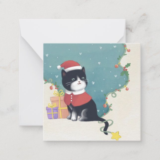 Tarjeta Pequeña Feliz Navidad: Arte de Ilustracion Gato (Anverso)