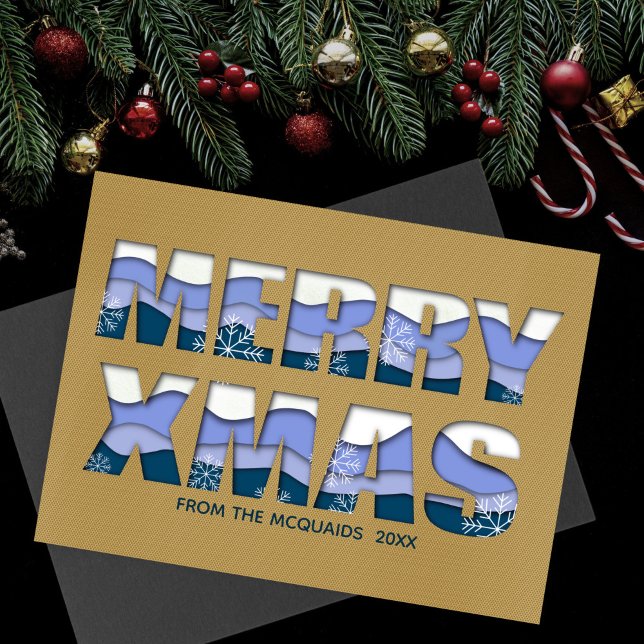 Tarjeta Pequeña Feliz Navidad Cortado Oro Azul (Merry Xmas in blues and whites)